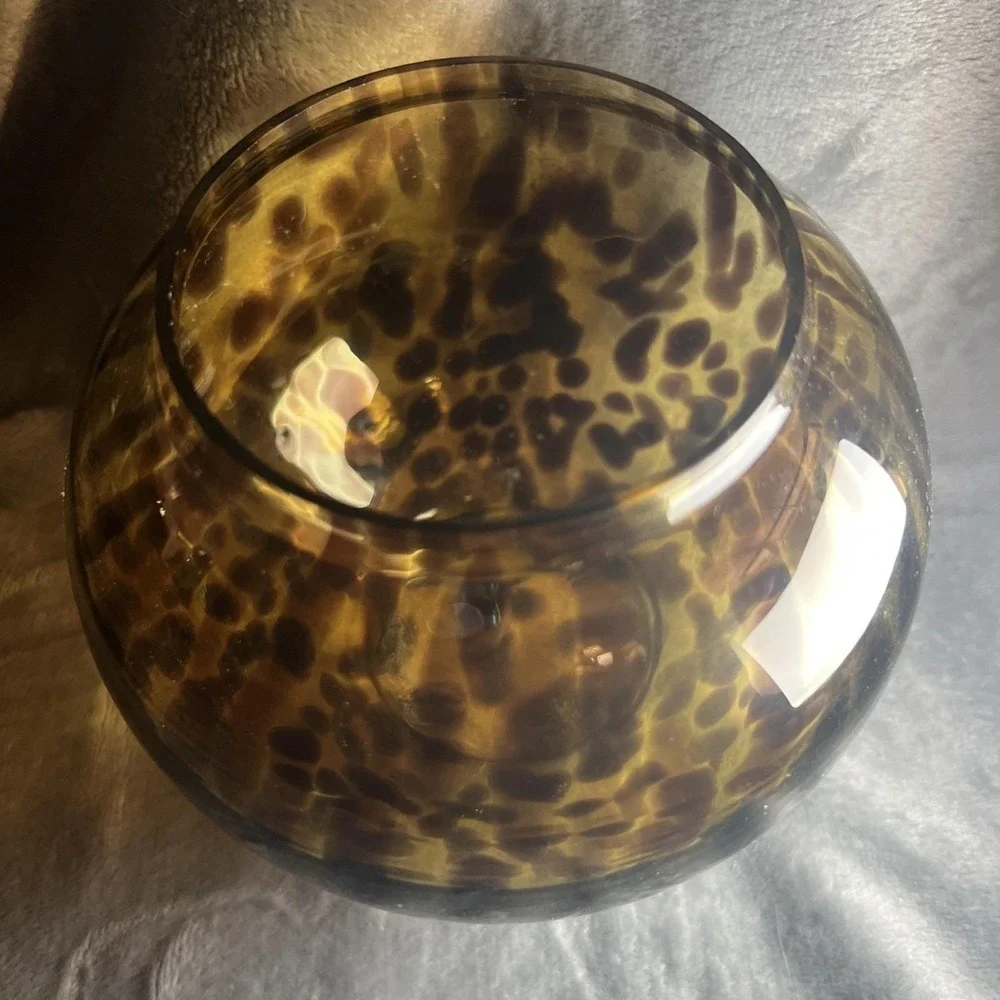 Tortoise Shell Glass Vase Amber Brown Fishbowl Leopard Spots MCM 7in